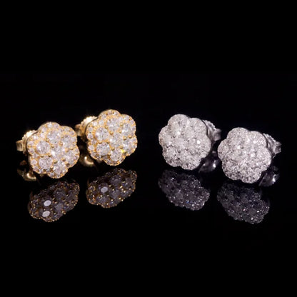 CATHEDRAL moissanite flower cluster stud earrings in gold and silver, seven stone 925 sterling silver screw back studs