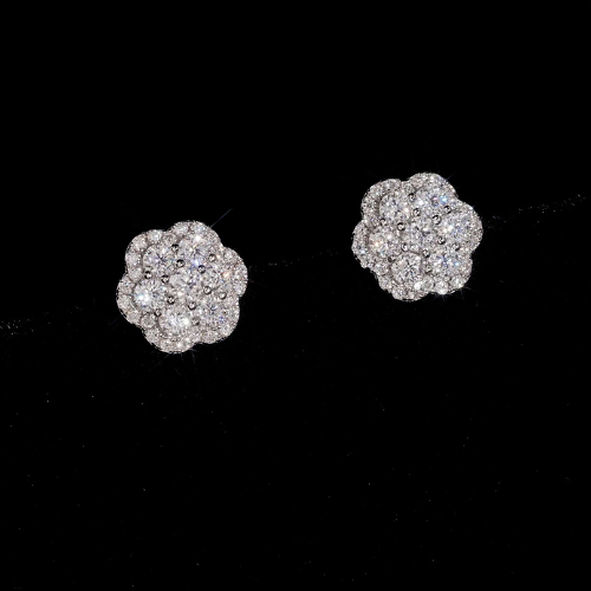 Silver CATHEDRAL moissanite flower cluster studs, seven D color VVS stones prong set in 925 sterling silver