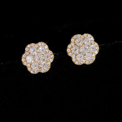 18K gold plated CATHEDRAL moissanite flower cluster stud earrings on black velvet