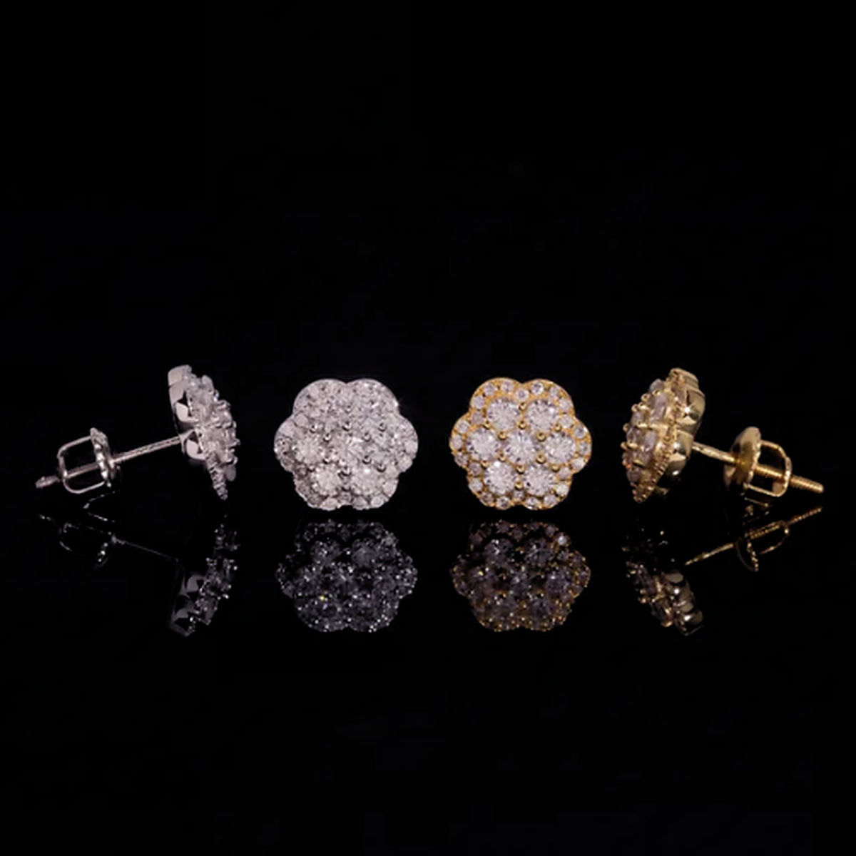 CATHEDRAL moissanite cluster studs shown front and back with screw back posts in silver and gold