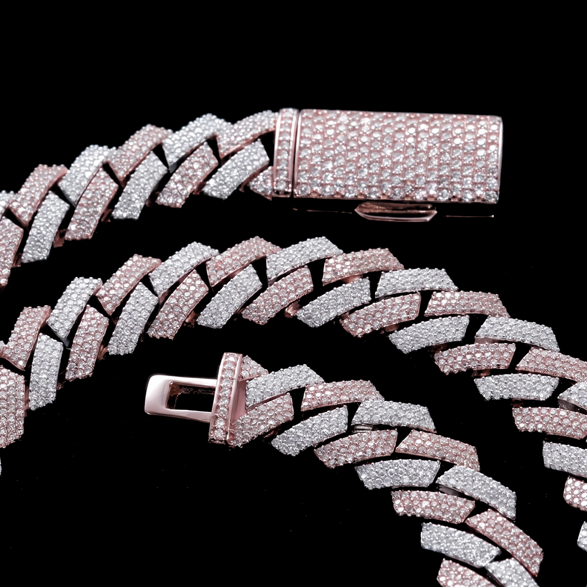 Iced clasp detail on rose gold two tone Cuban link