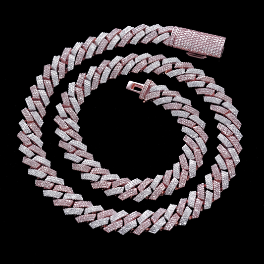 ROSE FROST 12mm two tone rose gold Cuban link chain coiled on black velvet
