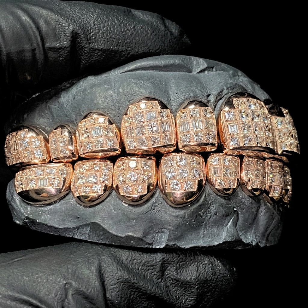 Side angle of 8x8 moissanite grillz full set showing iced top and bottom rows