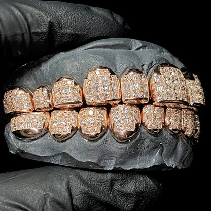 Side angle of 8x8 moissanite grillz full set showing iced top and bottom rows