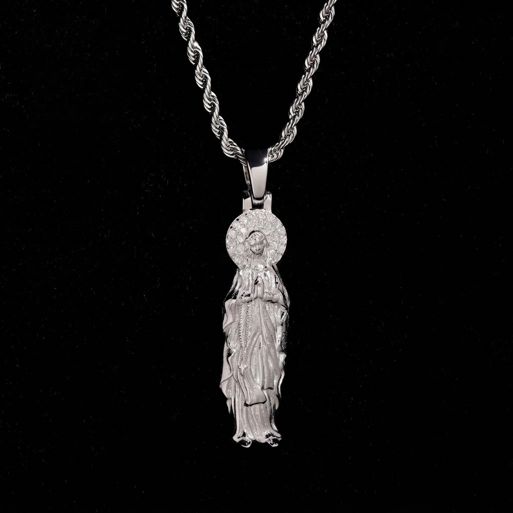 Moissanite Our Lady Maria pendant on rope chain, 925 sterling silver rhodium plated, VVS1 halo, black background