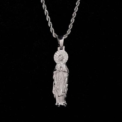 Moissanite Our Lady Maria pendant on rope chain, 925 sterling silver rhodium plated, VVS1 halo, black background