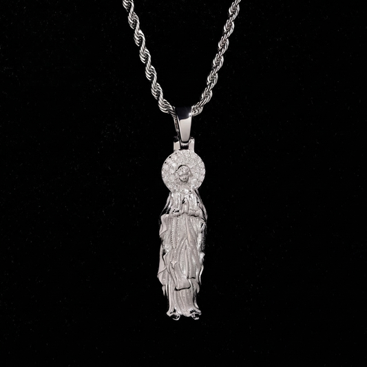 Moissanite Our Lady Maria pendant on rope chain, 925 sterling silver rhodium plated, VVS1 halo, black background