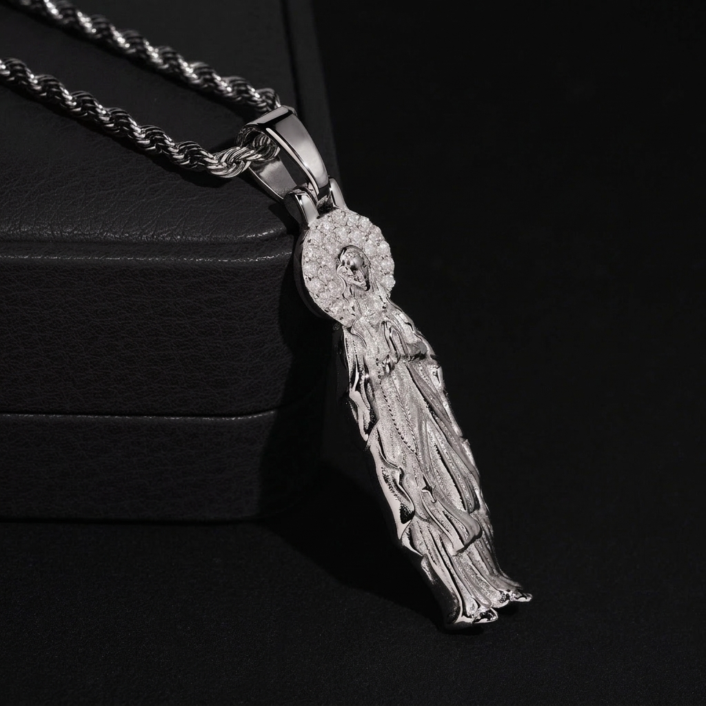 Moissanite Maria pendant angle view showing sculpted robe drapery and VVS1 moissanite halo, 925 silver