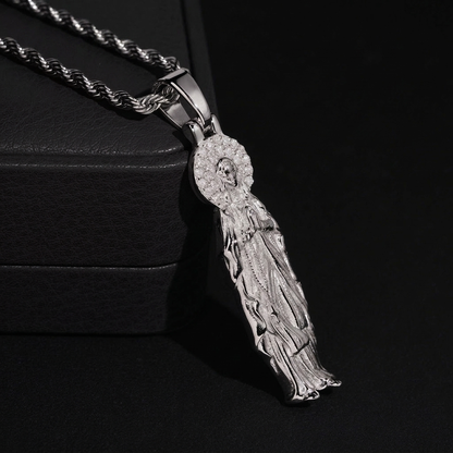 Moissanite Maria pendant angle view showing sculpted robe drapery and VVS1 moissanite halo, 925 silver
