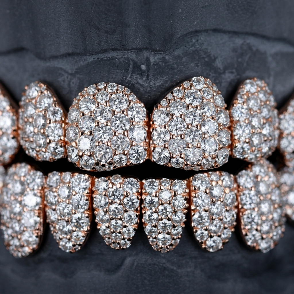 Macro close up of VVS moissanite honeycomb pave on rose gold plated 925 silver grillz caps