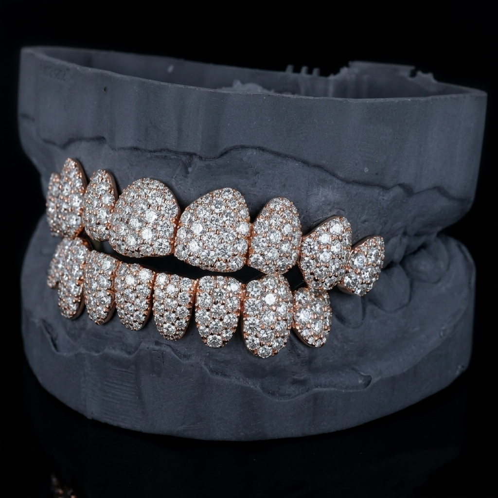 Custom fit rose gold moissanite grillz full set viewed from above on a charcoal dental model