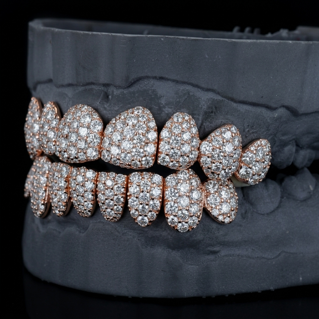 Rose gold moissanite grillz on a dark gray dental mold, low side angle showing top and bottom iced out teeth