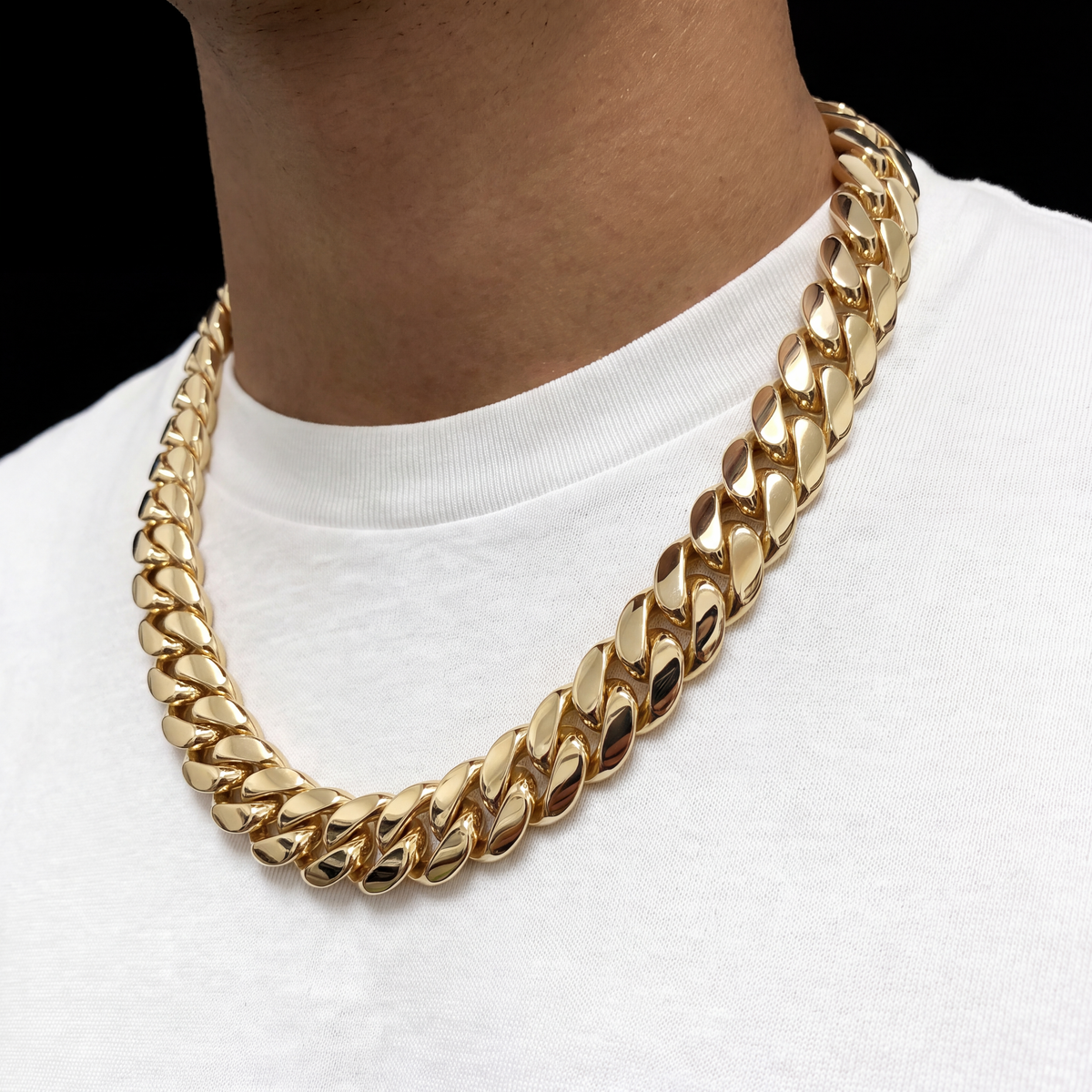 Miami Cuban link chain side profile on model