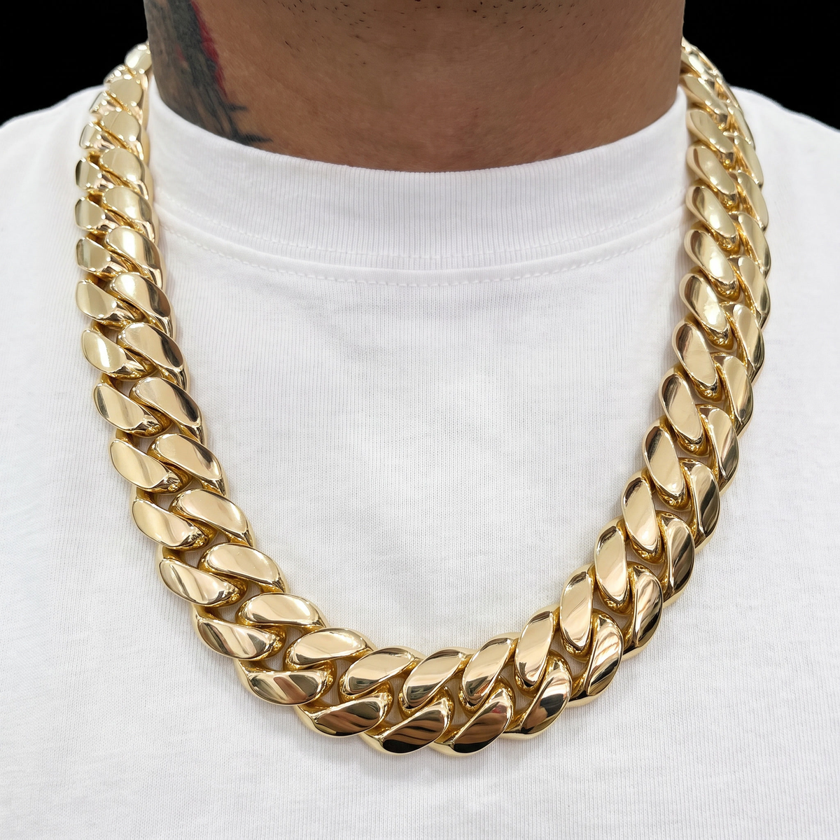 Heavy Miami Cuban link chain front view on white tee