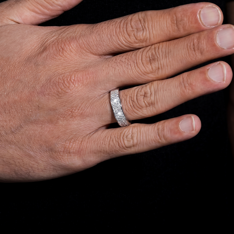 Iced Out Half Pave Band Ring, 925 Silver Moissanite, Passes Tester