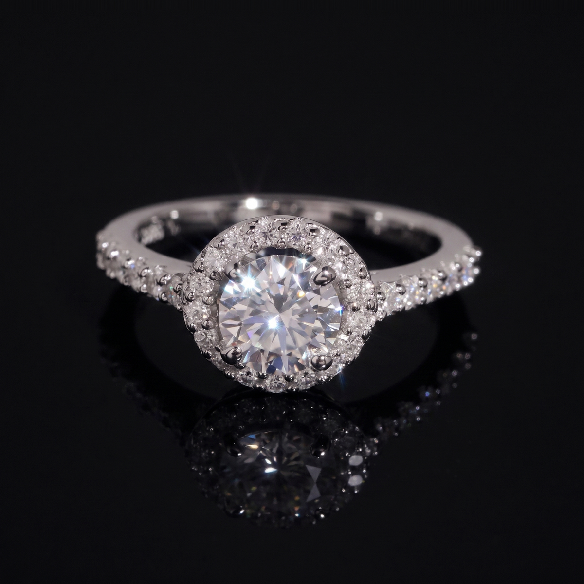 1 carat round halo moissanite engagement ring in 925 sterling silver, front view