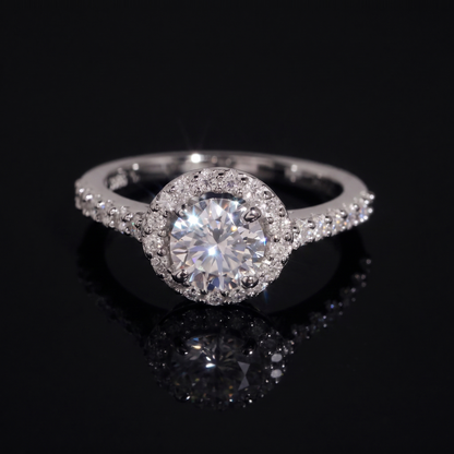 1 carat round halo moissanite engagement ring in 925 sterling silver, front view