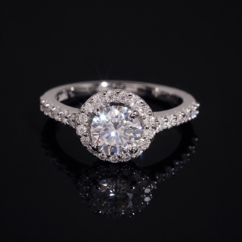 1 Carat Round Halo Moissanite Engagement Ring, 925 Silver, Passes Tester