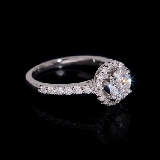 Halo moissanite engagement ring side angle showing pave shoulders