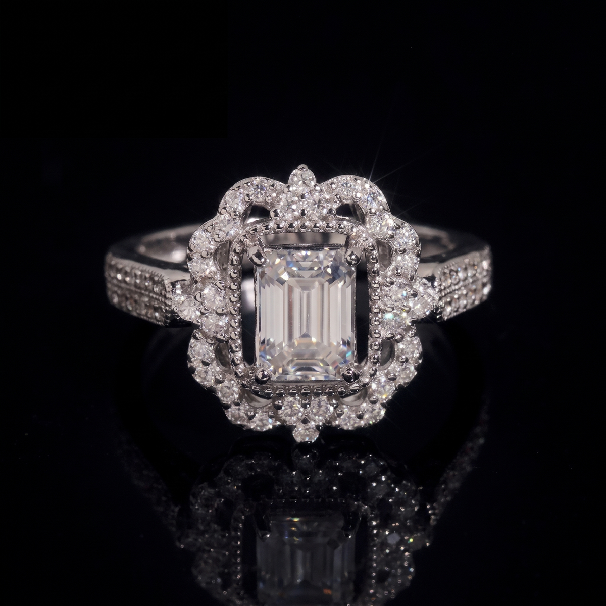 1 carat emerald cut moissanite engagement ring with vintage double halo in 925 sterling silver