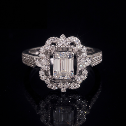 1 carat emerald cut moissanite engagement ring with vintage double halo in 925 sterling silver