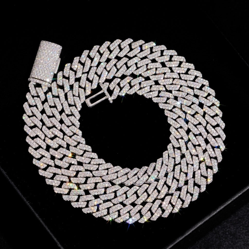 Silver 8mm moissanite iced out Cuban link chain coiled with iced box clasp