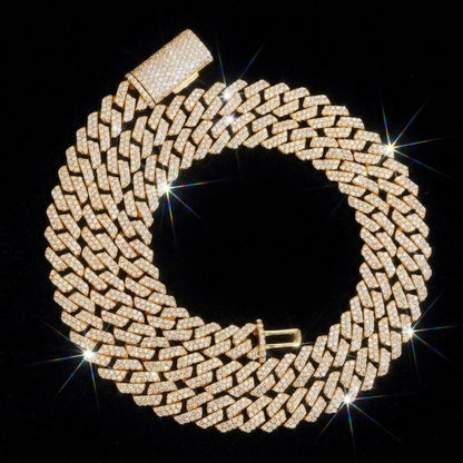 Gold 8mm moissanite iced out Miami Cuban link chain coiled on black