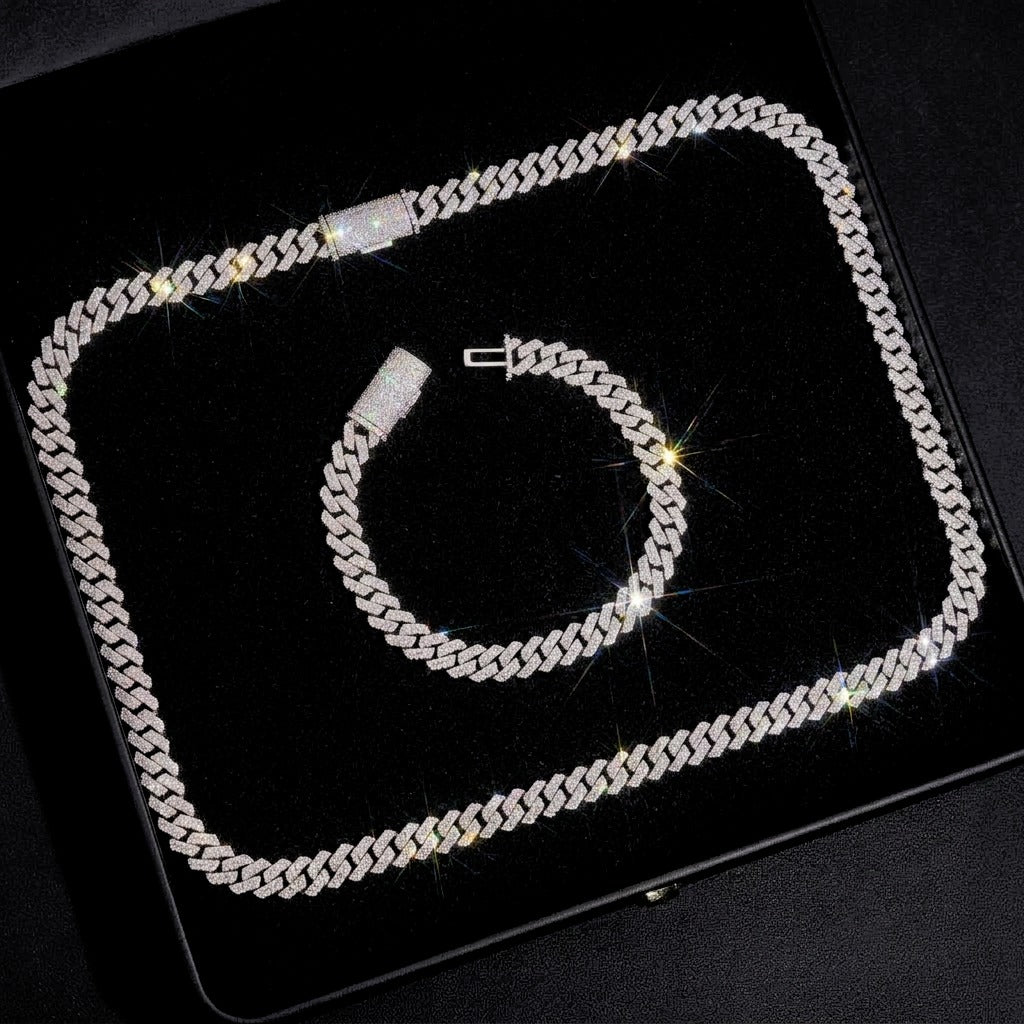 Moissanite Cuban link necklace and matching bracelet set in gift box