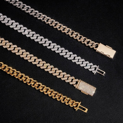 Detail comparison of iced and plain Cuban link chains in silver and gold