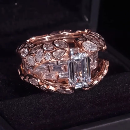 IVY CROWN Emerald Cut Moissanite Ring, Iced Out 925 Silver Statement Ring That Passes a Diamond Tester, Rose Gold, Gold or Silver