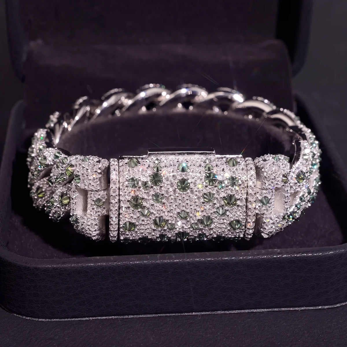 EMERALD MOSAIC 18mm Iced Cuban Link Bracelet, Green Moissanite in 925 Sterling Silver, GRA Certified