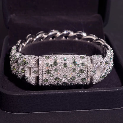 EMERALD MOSAIC 18mm Iced Cuban Link Bracelet, Green Moissanite in 925 Sterling Silver, GRA Certified