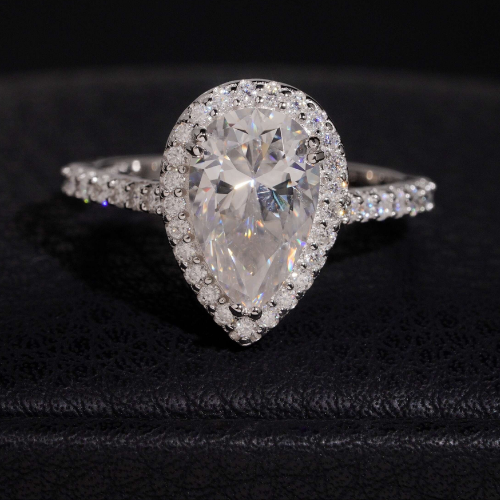 3 carat pear cut moissanite halo engagement ring front view, 925 sterling silver