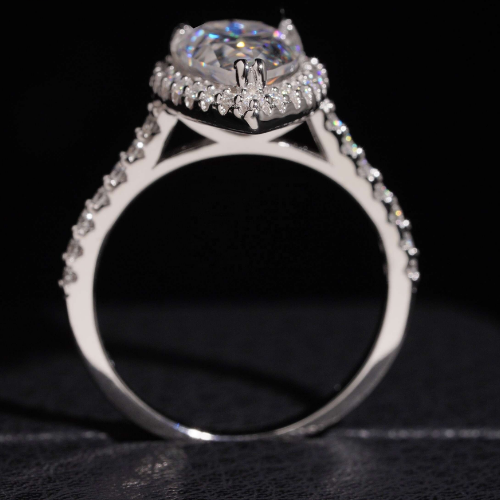 Pear cut moissanite halo ring gallery and band profile