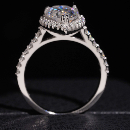 Pear cut moissanite halo ring gallery and band profile