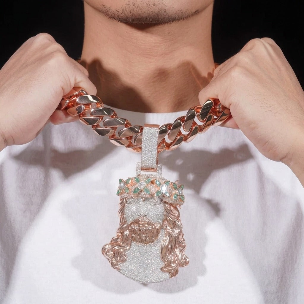 Man wearing THE REDEEMER moissanite Jesus pendant on 24mm rose gold Miami Cuban chain
