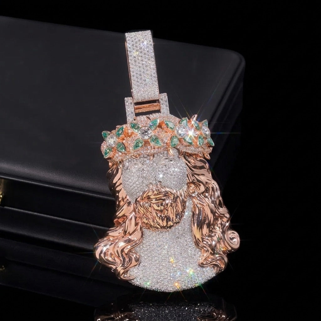 Two tone rose gold and moissanite Jesus pendant with iced bail on black
