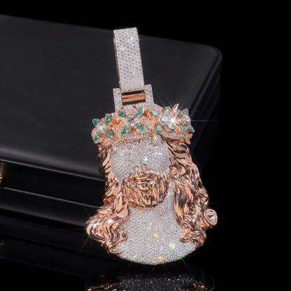 Two tone rose gold and moissanite Jesus pendant with iced bail on black