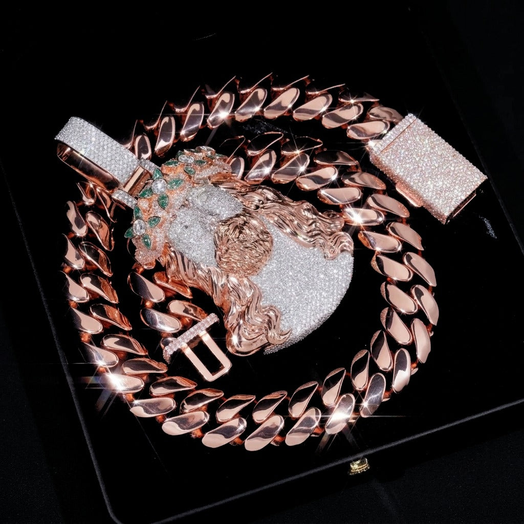 Rose gold Cuban chain and moissanite Jesus pendant coiled in black gift box