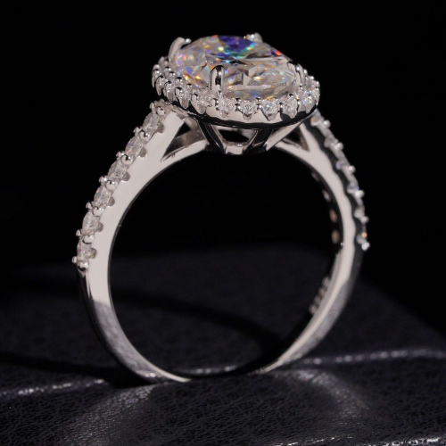 Oval moissanite ring showing rainbow fire in the stone