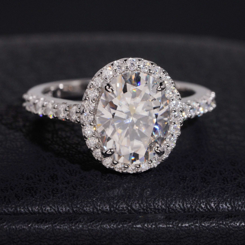 3 carat oval moissanite halo engagement ring front view, 925 sterling silver