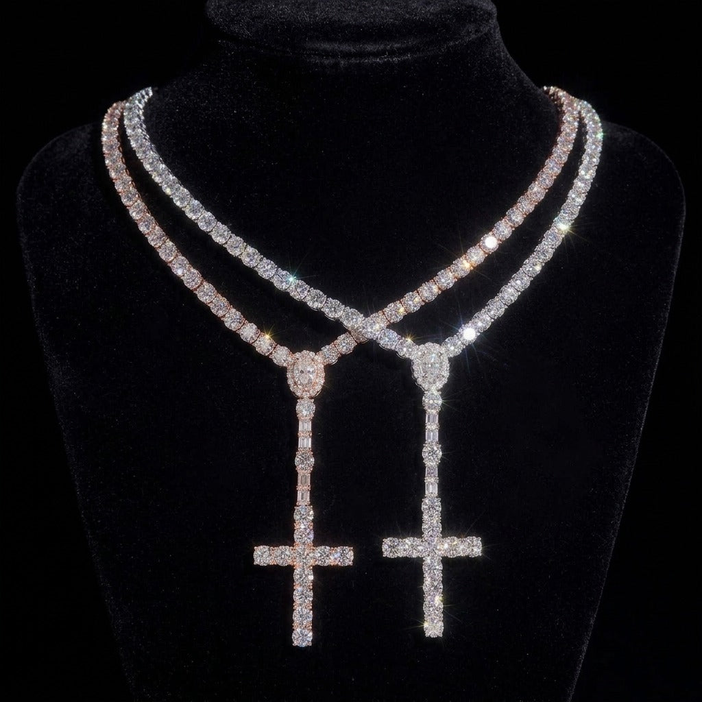 THE ROSARY moissanite cross tennis chain in silver and rose gold on black velvet display bust