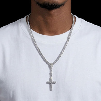 Man in white t shirt wearing THE ROSARY moissanite cross tennis chain in 925 silver