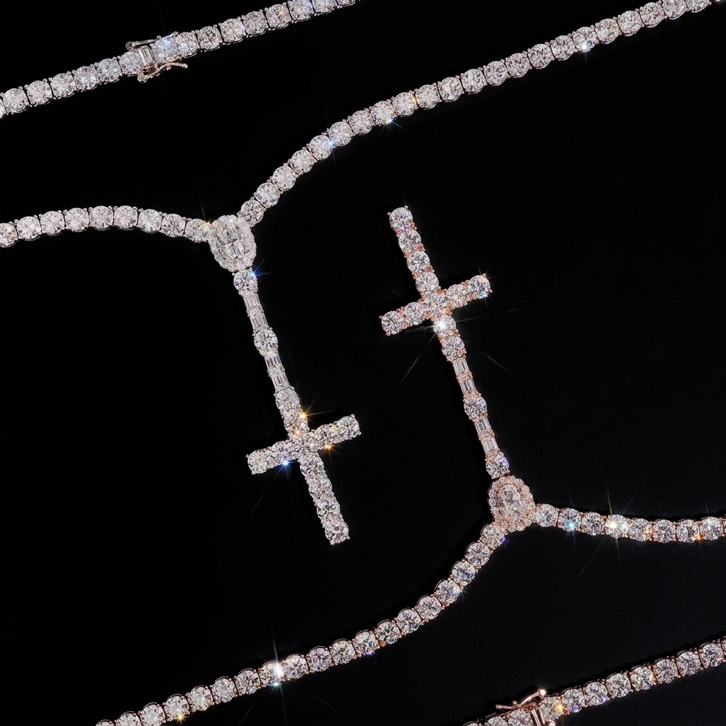 Close detail of moissanite rosary tennis chain cross pendants showing prong set stones