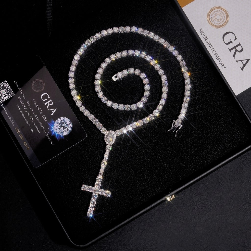 Moissanite rosary cross tennis chain in gift box with GRA moissanite report and warranty card