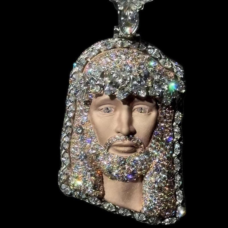 THE SHROUD Moissanite Jesus Head Pendant, 925 Sterling Silver, Passes Diamond Tester