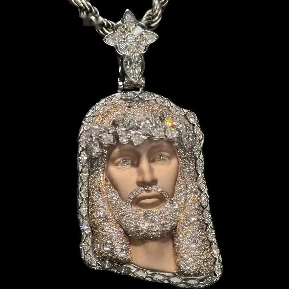 925 silver Jesus piece pendant with clover bail, hand set moissanite crown and veil