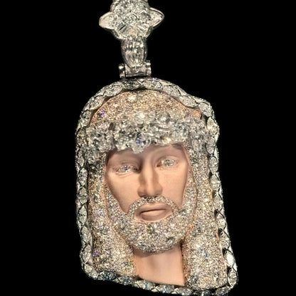 Close detail of the 2.5 inch moissanite Jesus head pendant showing individual stone facets