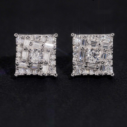Moissanite square stud earrings pair, baguette and round stones, 925 silver