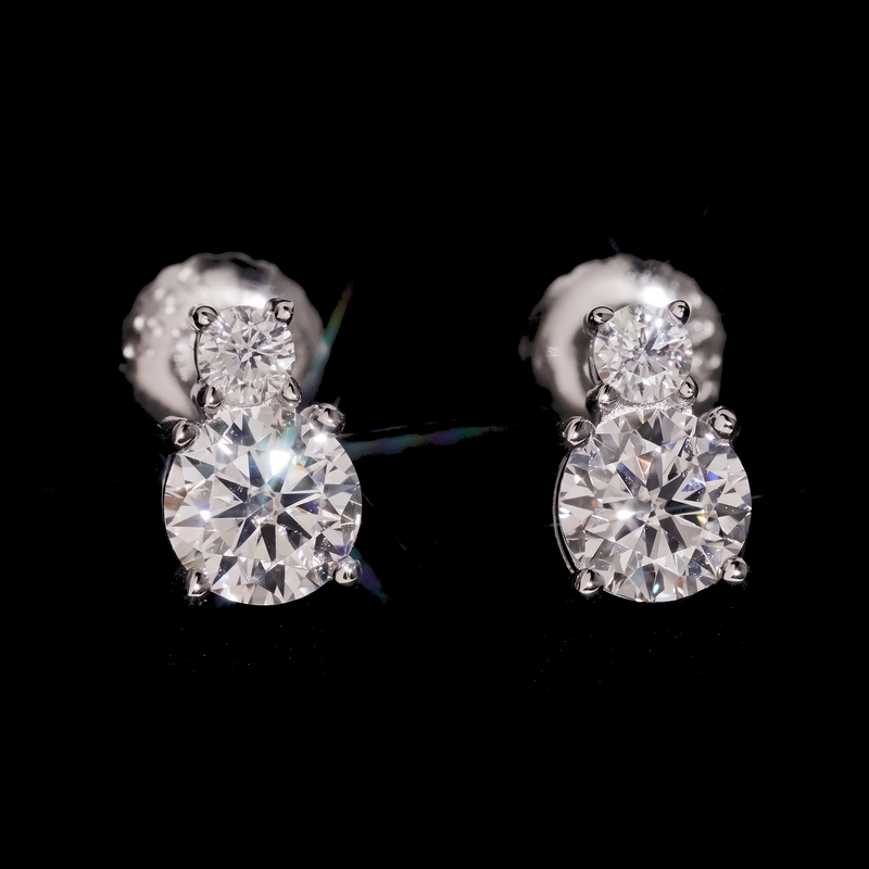 Two Stone Drop Moissanite Stud Earrings, 925 Silver Screw Back